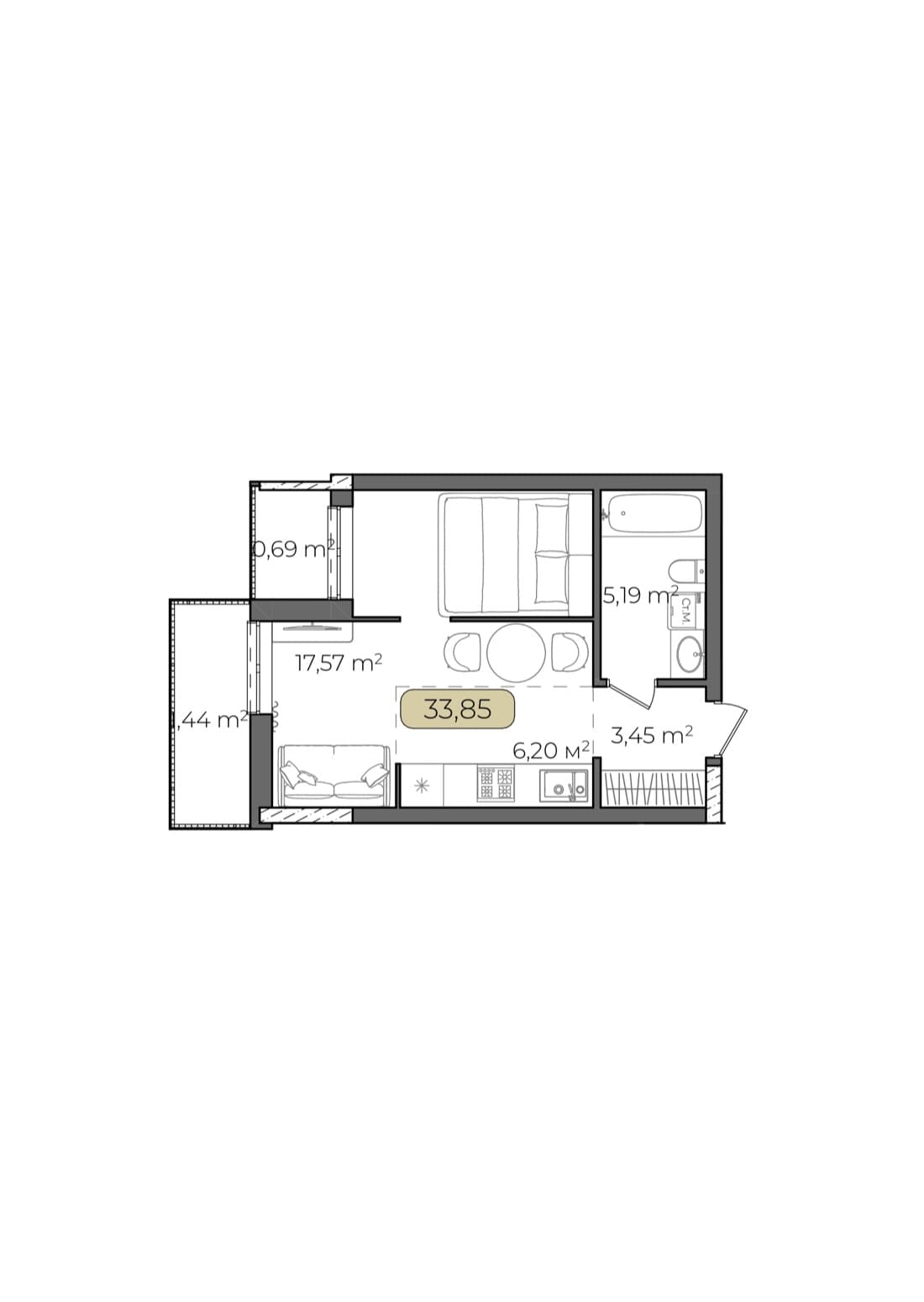 Планування Студія, 33,85 м²