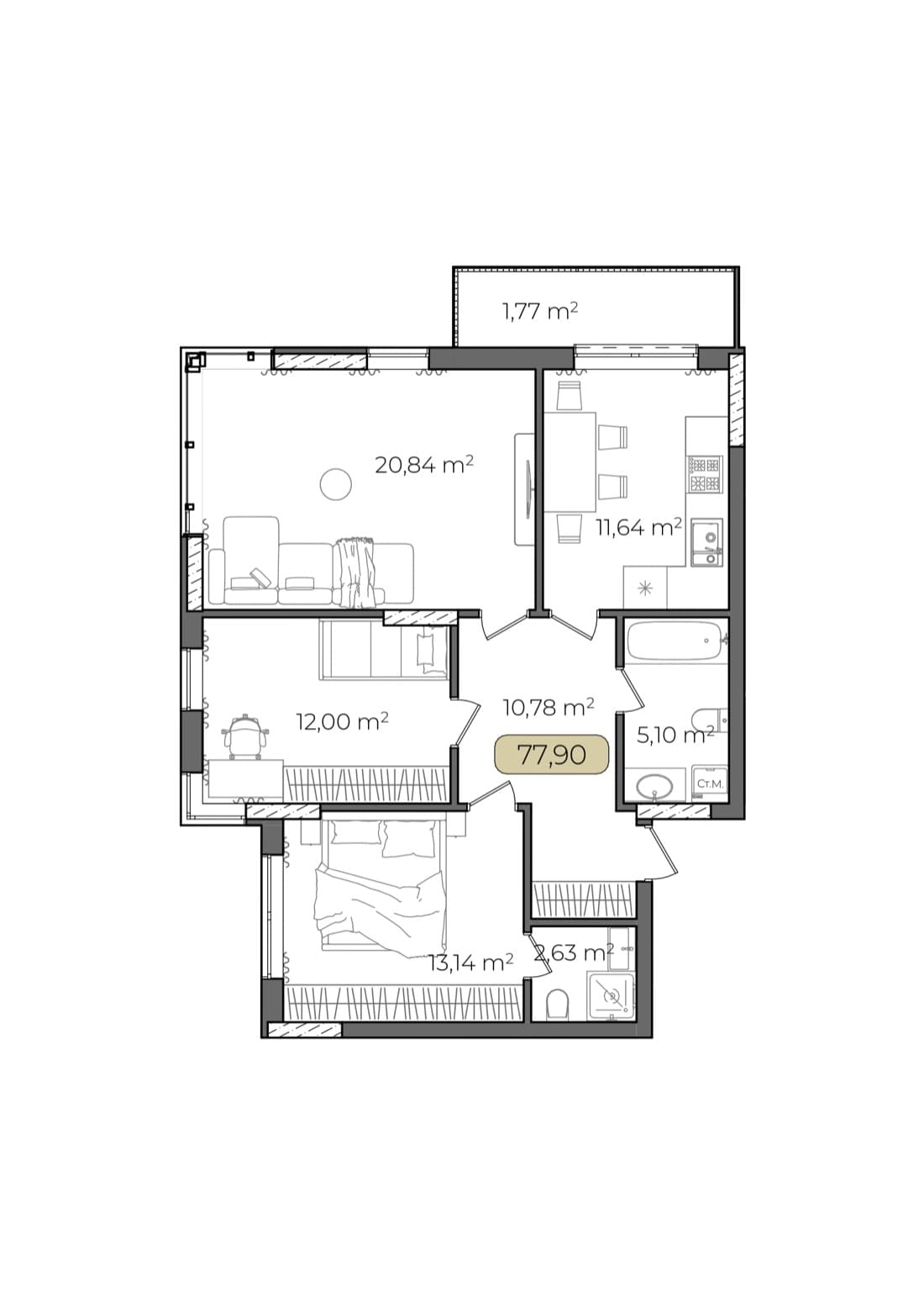 Планування 3-кімнатна, 77,90 м²