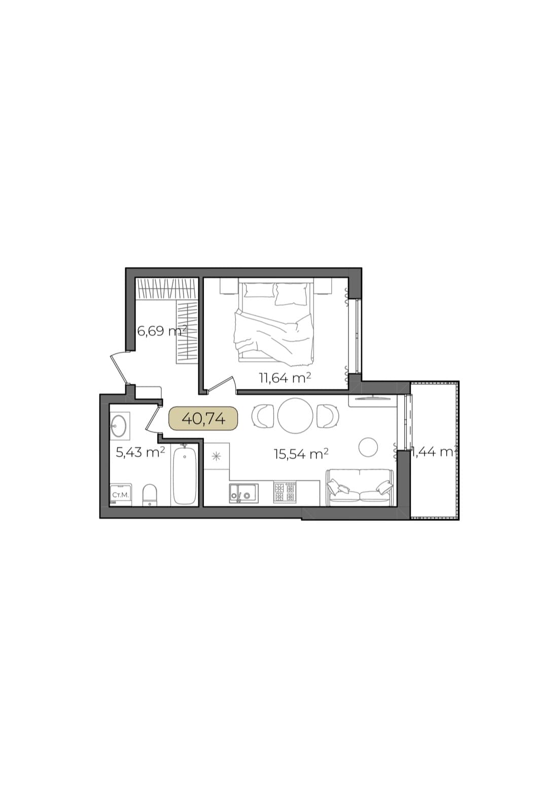 Планування 1-кімнатна, 40,74 м²