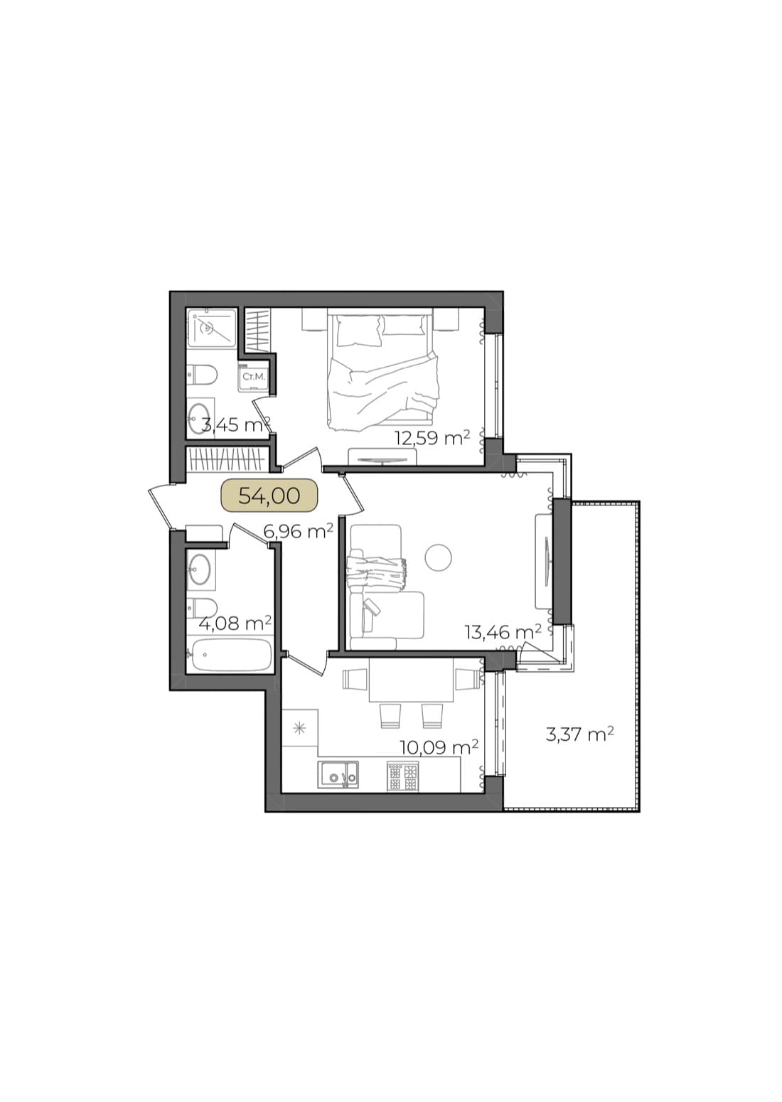Планування 2-кімнатна, 54,00 м²